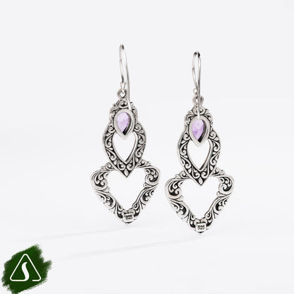 Sterling Silver Drop Earrings with Pear-Shaped Pink Gemstones and Openwork Filigree Design