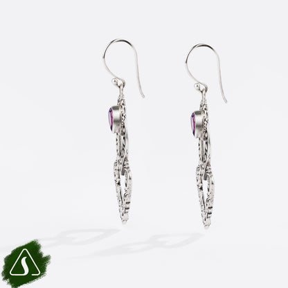 Sterling Silver Drop Earrings with Pear-Shaped Pink Gemstones and Openwork Filigree Design