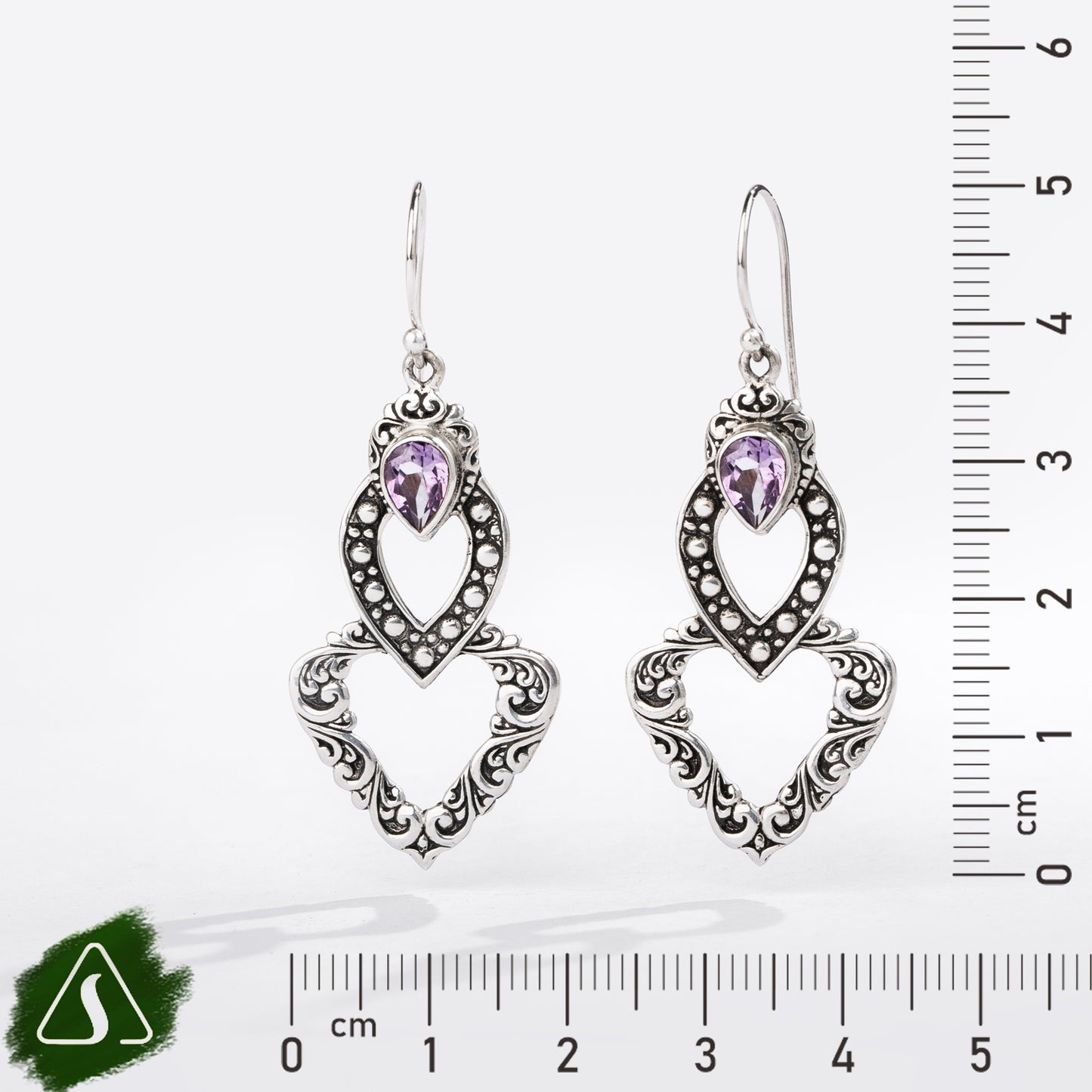 Sterling Silver Drop Earrings with Pear-Shaped Pink Gemstones and Openwork Filigree Design