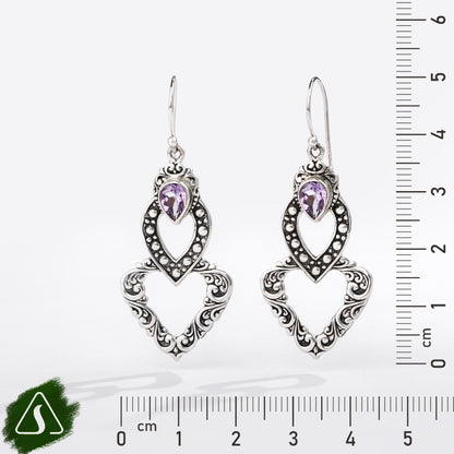 Sterling Silver Drop Earrings with Pear-Shaped Pink Gemstones and Openwork Filigree Design