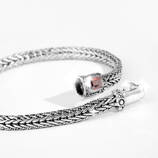 Handcrafted Sterling Silver King Chain Bracelet with Garnet Accent | Balinese Royal Weave Bracelet