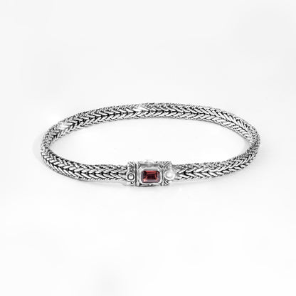 Handcrafted Sterling Silver King Chain Bracelet with Garnet Accent | Balinese Royal Weave Bracelet