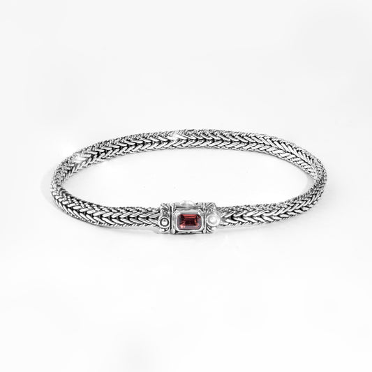 Handcrafted Sterling Silver King Chain Bracelet with Garnet Accent | Balinese Royal Weave Bracelet