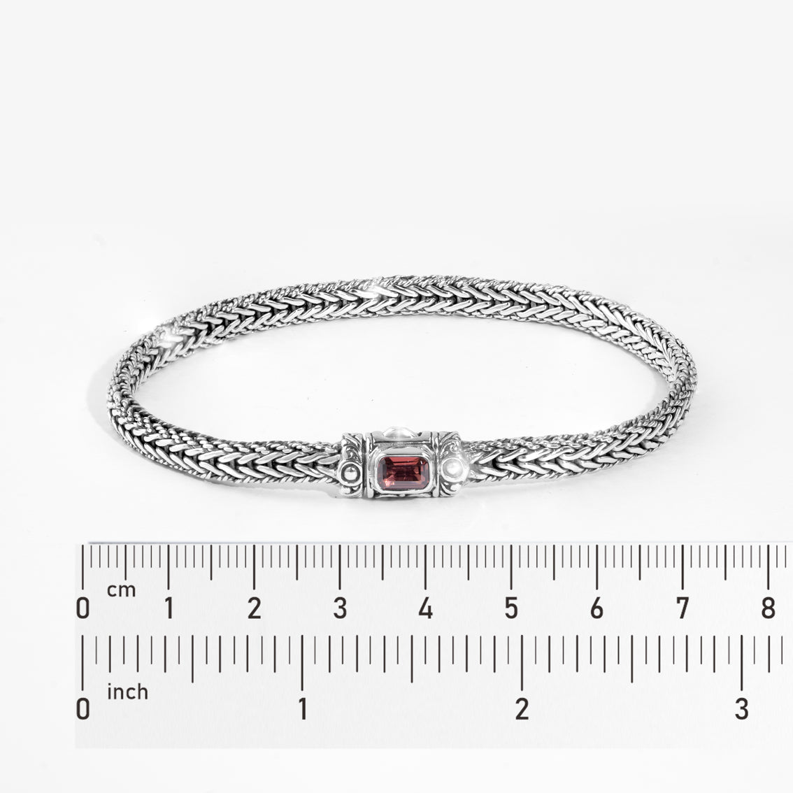 Handcrafted Sterling Silver King Chain Bracelet with Garnet Accent | Balinese Royal Weave Bracelet