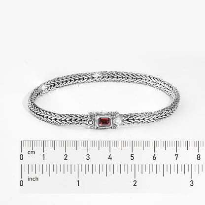 Handcrafted Sterling Silver King Chain Bracelet with Garnet Accent | Balinese Royal Weave Bracelet