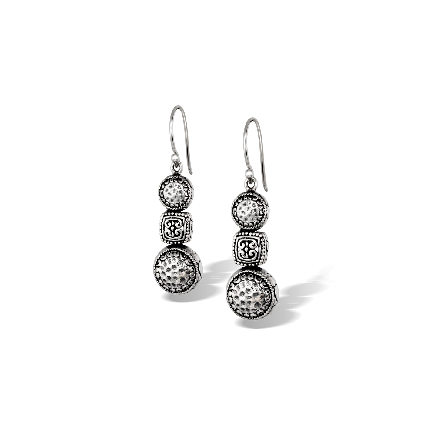 Handcrafted Textured Silver Three-Tier Drop Earrings with Ornate Square Center