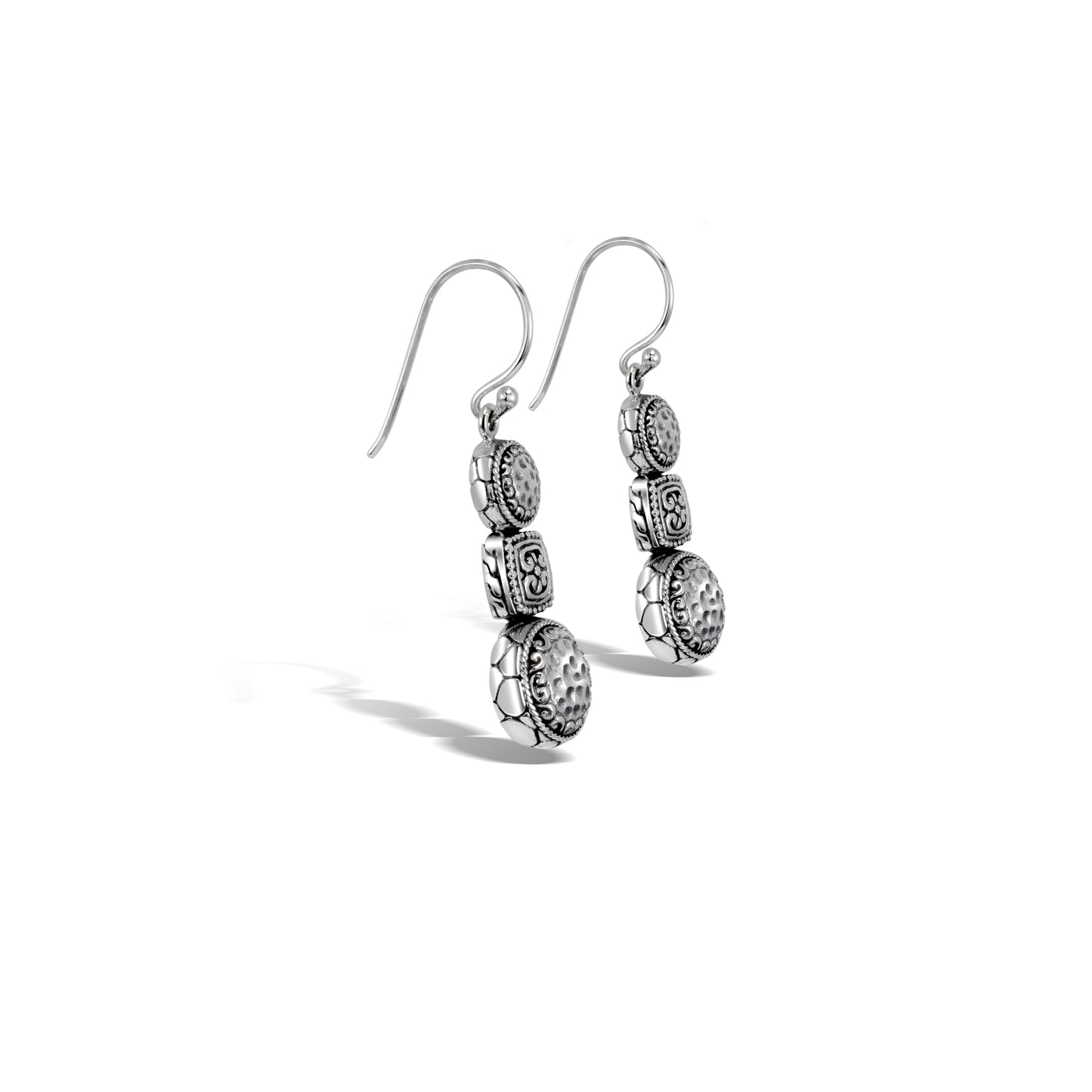 Handcrafted Textured Silver Three-Tier Drop Earrings with Ornate Square Center