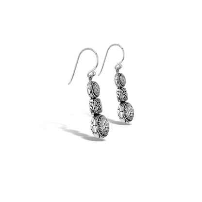 Handcrafted Textured Silver Three-Tier Drop Earrings with Ornate Square Center