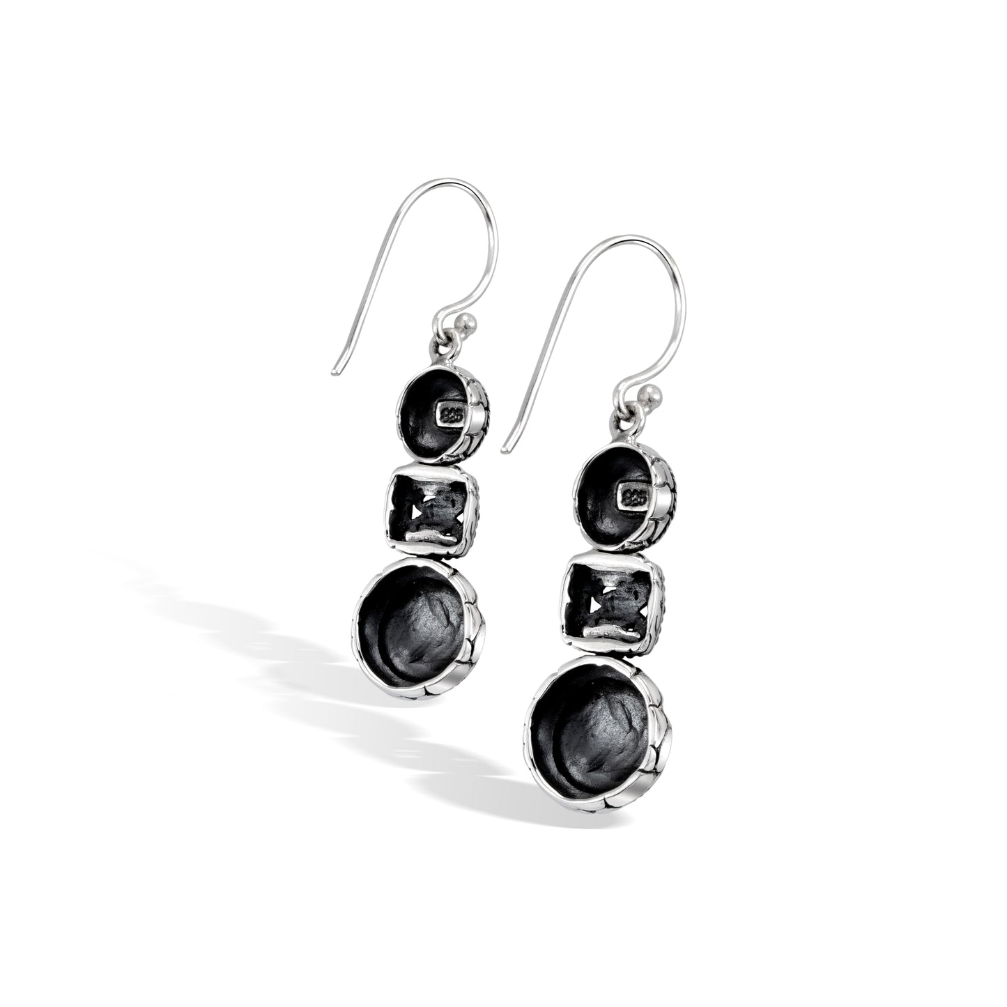 Handcrafted Textured Silver Three-Tier Drop Earrings with Ornate Square Center