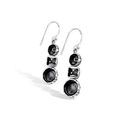 Handcrafted Textured Silver Three-Tier Drop Earrings with Ornate Square Center