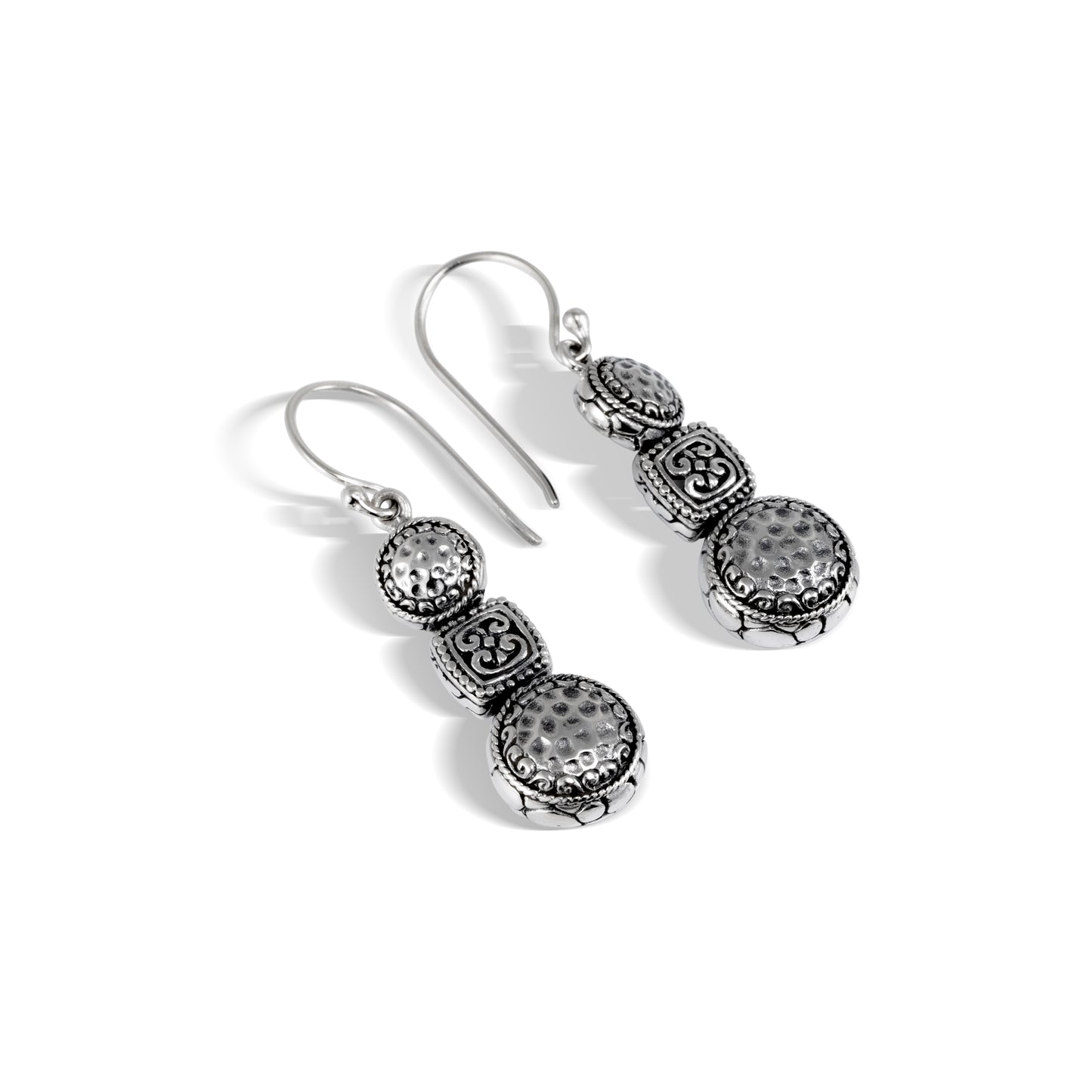 Handcrafted Textured Silver Three-Tier Drop Earrings with Ornate Square Center