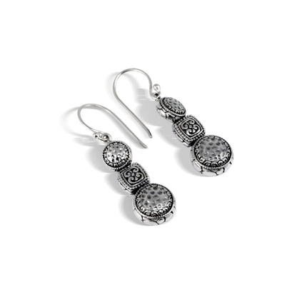 Handcrafted Textured Silver Three-Tier Drop Earrings with Ornate Square Center