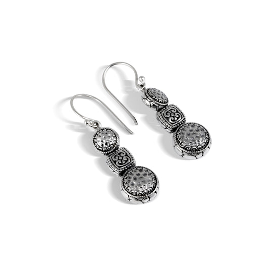 Handcrafted Textured Silver Three-Tier Drop Earrings with Ornate Square Center