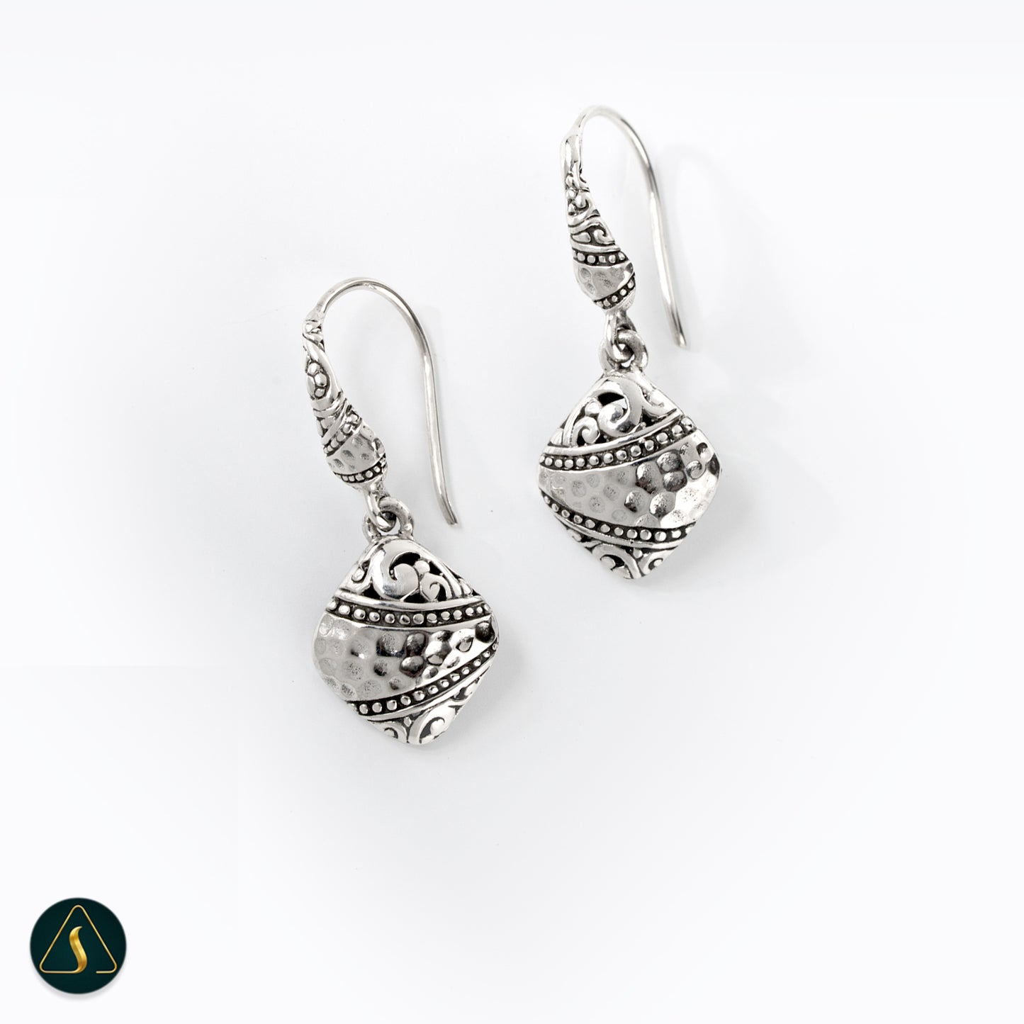 Handmade Bali Silver Drop Earrings – Textured Geometric Dangle Jewelry