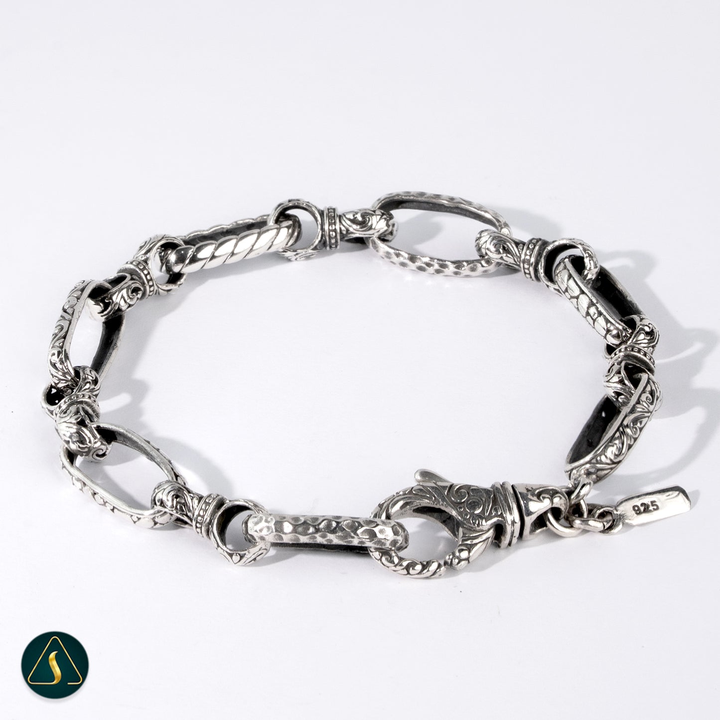 Handmade 925 Sterling Silver Chain Bracelet – Balinese Artisan Link Bracelet with Vintage Gothic Style