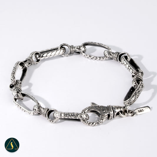 Handmade 925 Sterling Silver Chain Bracelet – Balinese Artisan Link Bracelet with Vintage Gothic Style