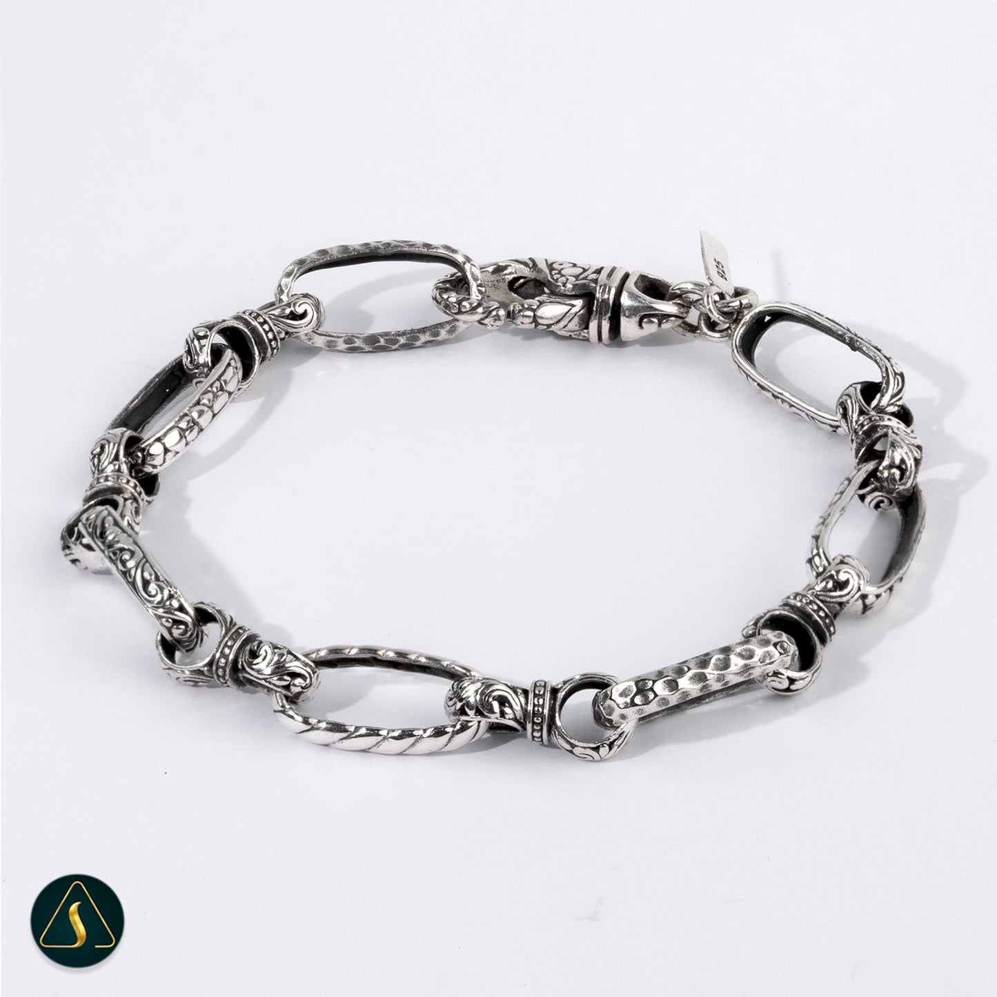 Handmade 925 Sterling Silver Chain Bracelet – Balinese Artisan Link Bracelet with Vintage Gothic Style