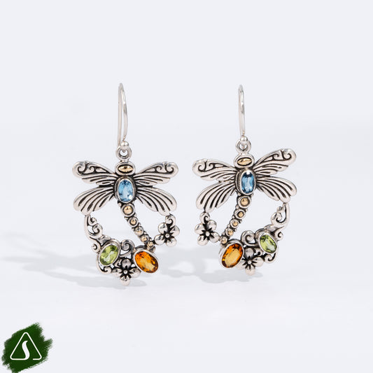 Handmade Sterling Silver Dragonfly Earrings, Bali Gemstone Dangle Earrings, Nature Inspired Insect Jewelry, Artisan Botanical Earrings