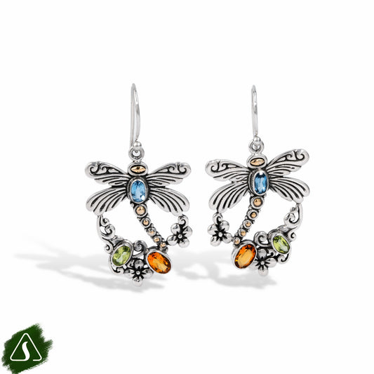 Dragonfly Drop Earrings with Multi Gemstones