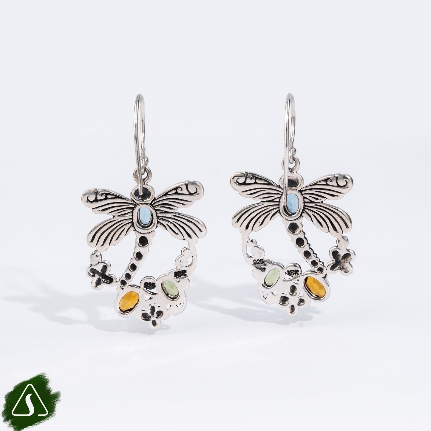 Handmade Sterling Silver Dragonfly Earrings, Bali Gemstone Dangle Earrings, Nature Inspired Insect Jewelry, Artisan Botanical Earrings
