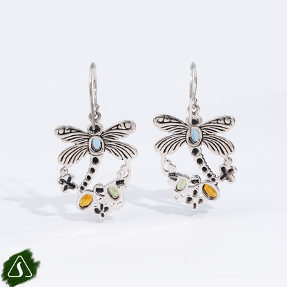 Handmade Sterling Silver Dragonfly Earrings, Bali Gemstone Dangle Earrings, Nature Inspired Insect Jewelry, Artisan Botanical Earrings