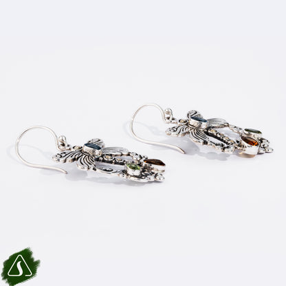 Handmade Sterling Silver Dragonfly Earrings, Bali Gemstone Dangle Earrings, Nature Inspired Insect Jewelry, Artisan Botanical Earrings