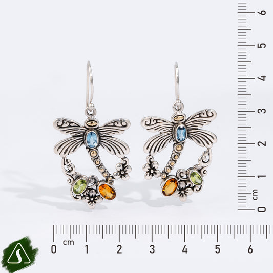 Handmade Sterling Silver Dragonfly Earrings, Bali Gemstone Dangle Earrings, Nature Inspired Insect Jewelry, Artisan Botanical Earrings