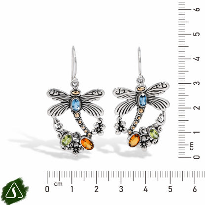 Dragonfly Drop Earrings with Multi Gemstones