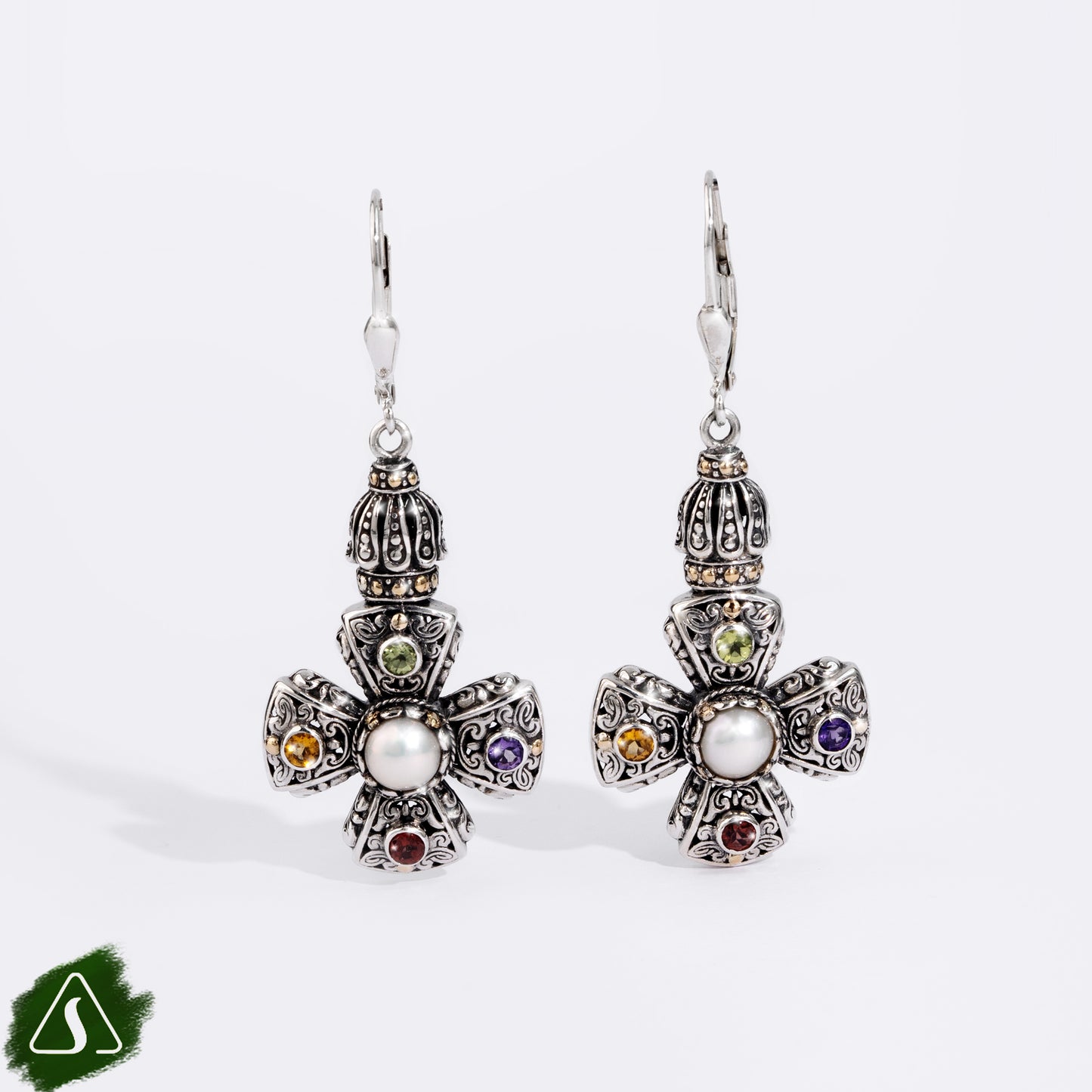 Cross Dangle Pearl Drop Earrings with Multi Gemstones