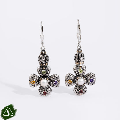 Cross Dangle Pearl Drop Earrings with Multi Gemstones