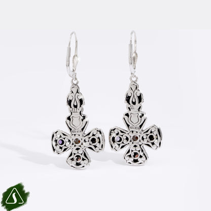 Cross Dangle Pearl Drop Earrings with Multi Gemstones