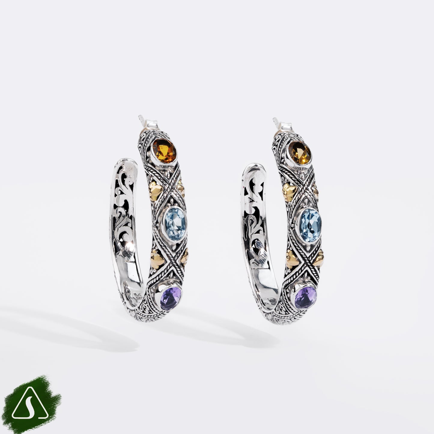 Handmade Sterling Silver Gemstone Hoop Earrings, Bali Multi Gemstone Earrings, Artisan Silver Hoops with Blue Topaz Citrine Amethyst