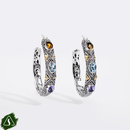 Handmade Sterling Silver Gemstone Hoop Earrings, Bali Multi Gemstone Earrings, Artisan Silver Hoops with Blue Topaz Citrine Amethyst
