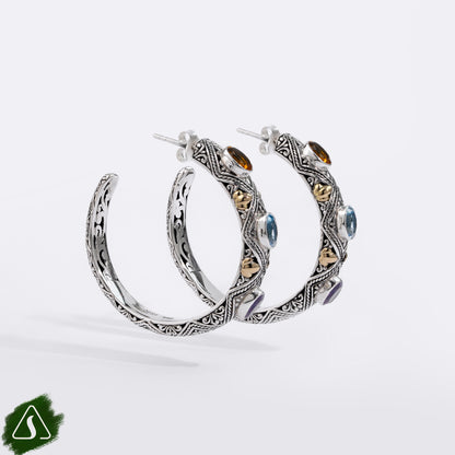 Handmade Sterling Silver Gemstone Hoop Earrings, Bali Multi Gemstone Earrings, Artisan Silver Hoops with Blue Topaz Citrine Amethyst