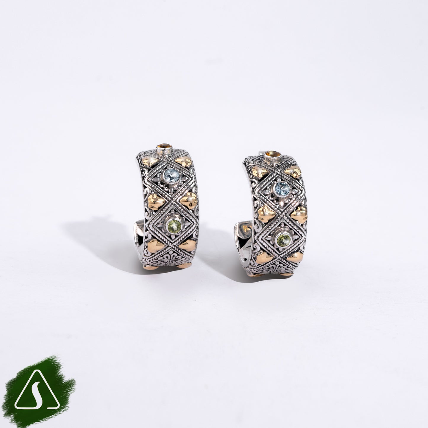 Sterling Silver Hoop Earrings with Blue Topaz & Peridot Gemstones and 18K Gold Accents