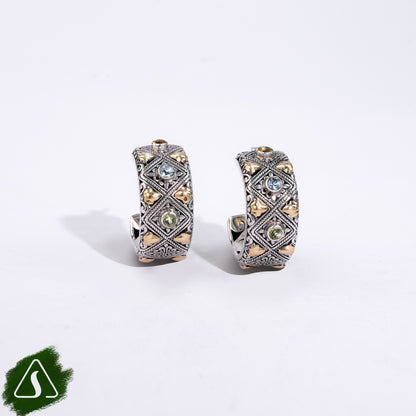 Sterling Silver Hoop Earrings with Blue Topaz & Peridot Gemstones and 18K Gold Accents
