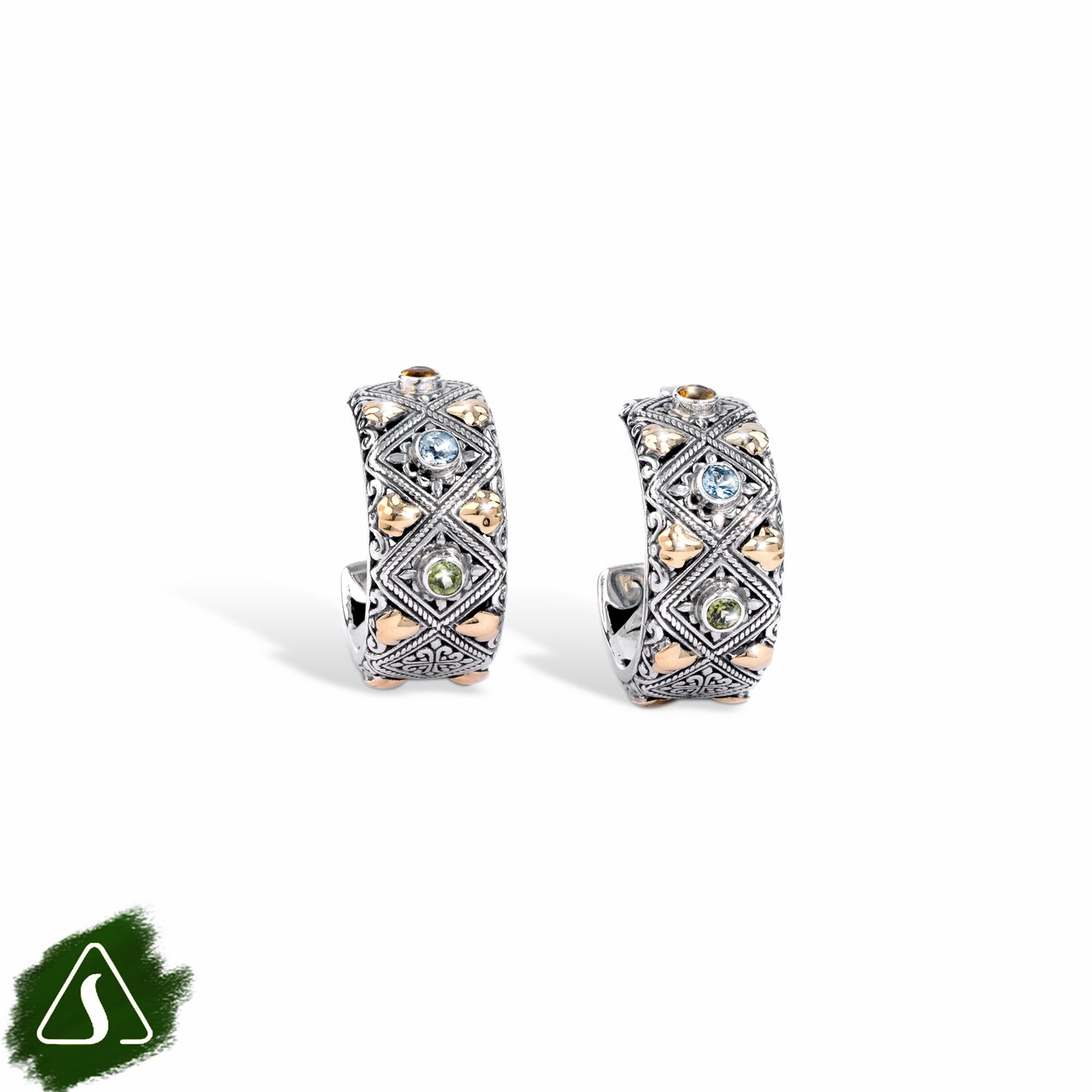 Wide Carved Half-Hoop Earrings with Multi Gemstones