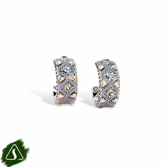 Sterling Silver Hoop Earrings with Blue Topaz & Peridot Gemstones and 18K Gold Accents
