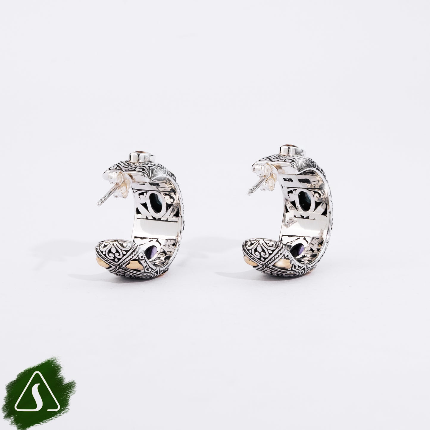 Sterling Silver Hoop Earrings with Blue Topaz & Peridot Gemstones and 18K Gold Accents