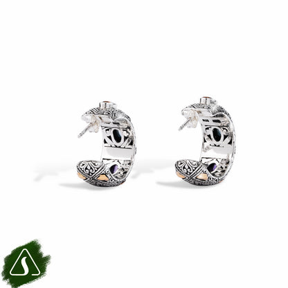 Wide Carved Half-Hoop Earrings with Multi Gemstones