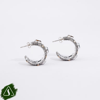 Sterling Silver Hoop Earrings with Blue Topaz & Peridot Gemstones and 18K Gold Accents