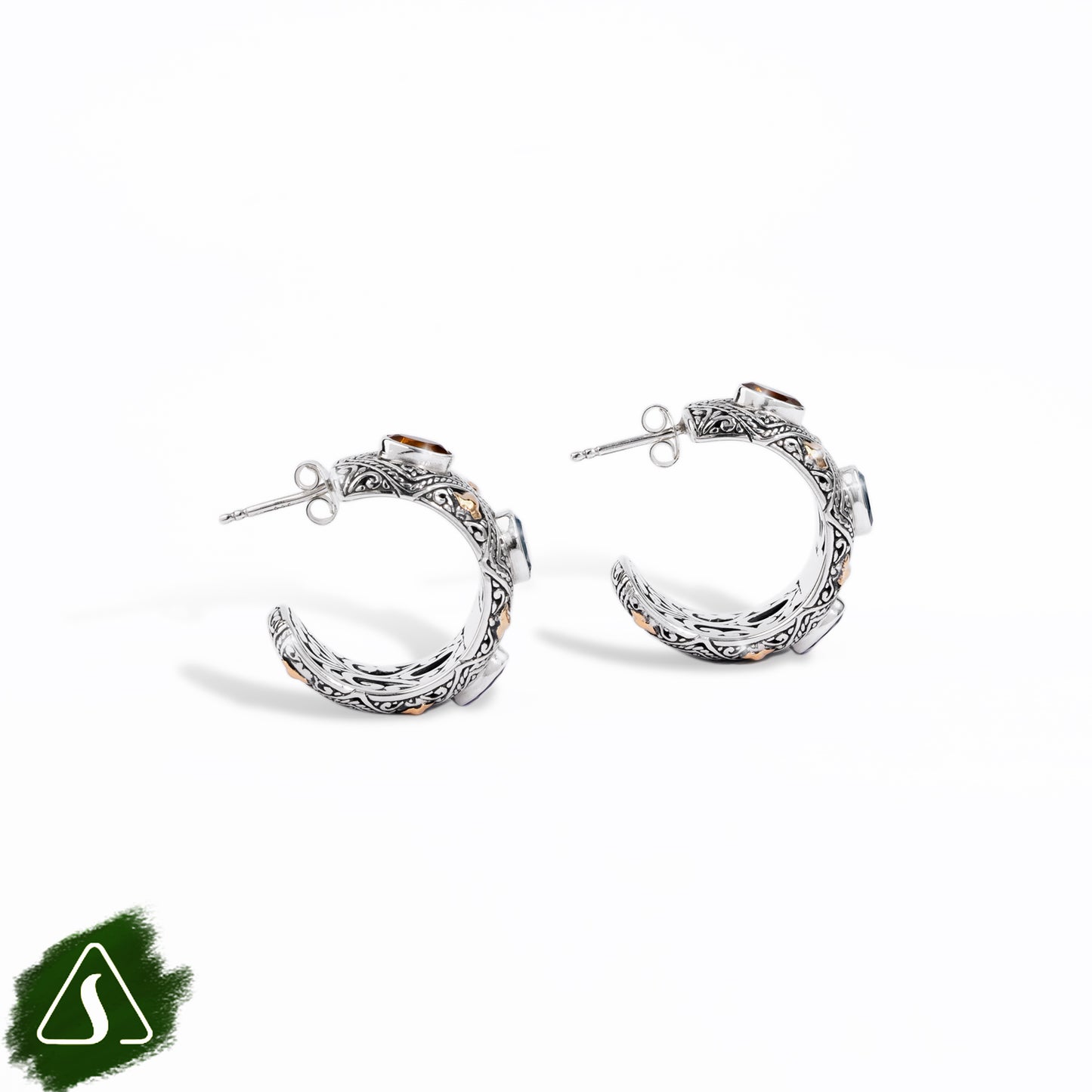 Wide Carved Half-Hoop Earrings with Multi Gemstones