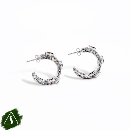 Wide Carved Half-Hoop Earrings with Multi Gemstones