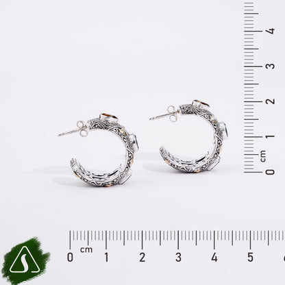 Sterling Silver Hoop Earrings with Blue Topaz & Peridot Gemstones and 18K Gold Accents