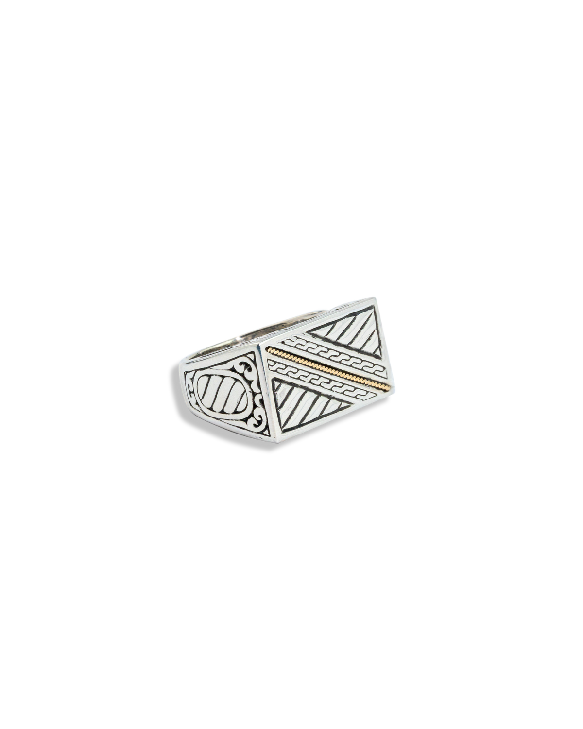 18K Gold Accent Engraved Sterling Silver Signet Ring