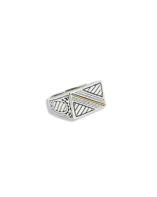 18K Gold Accent Engraved Sterling Silver Signet Ring