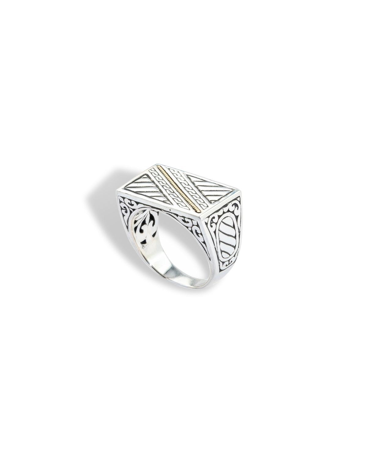 18K Gold Accent Engraved Sterling Silver Signet Ring