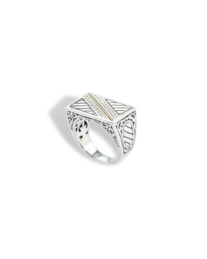 18K Gold Accent Engraved Sterling Silver Signet Ring