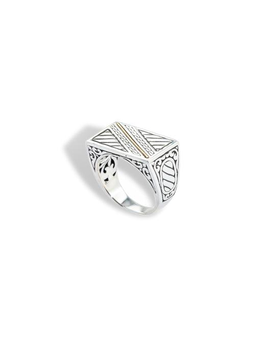 18K Gold Accent Engraved Sterling Silver Signet Ring
