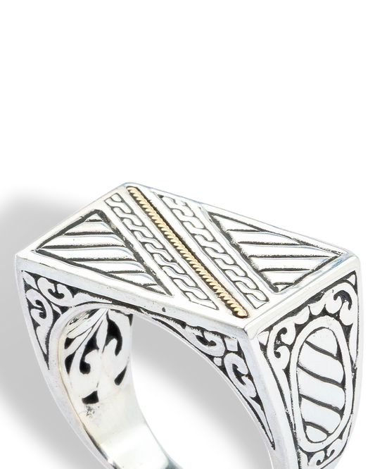 18K Gold Accent Engraved Sterling Silver Signet Ring
